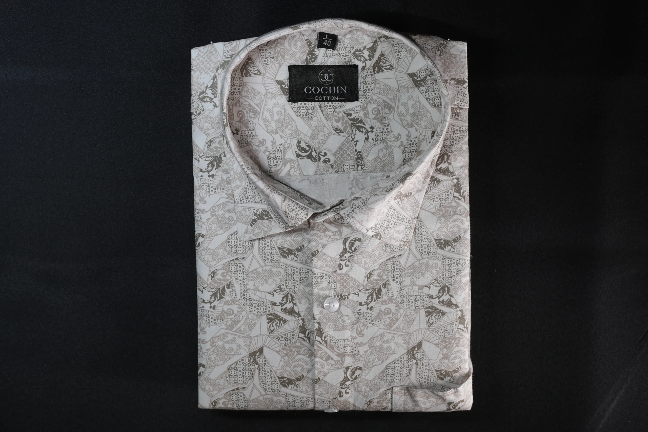Cochin Cotton Beige Abstract Printed Formal Shirt