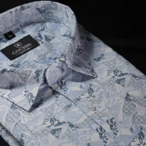 Sky Blue Abstract Mosaic Print Cotton Shirt